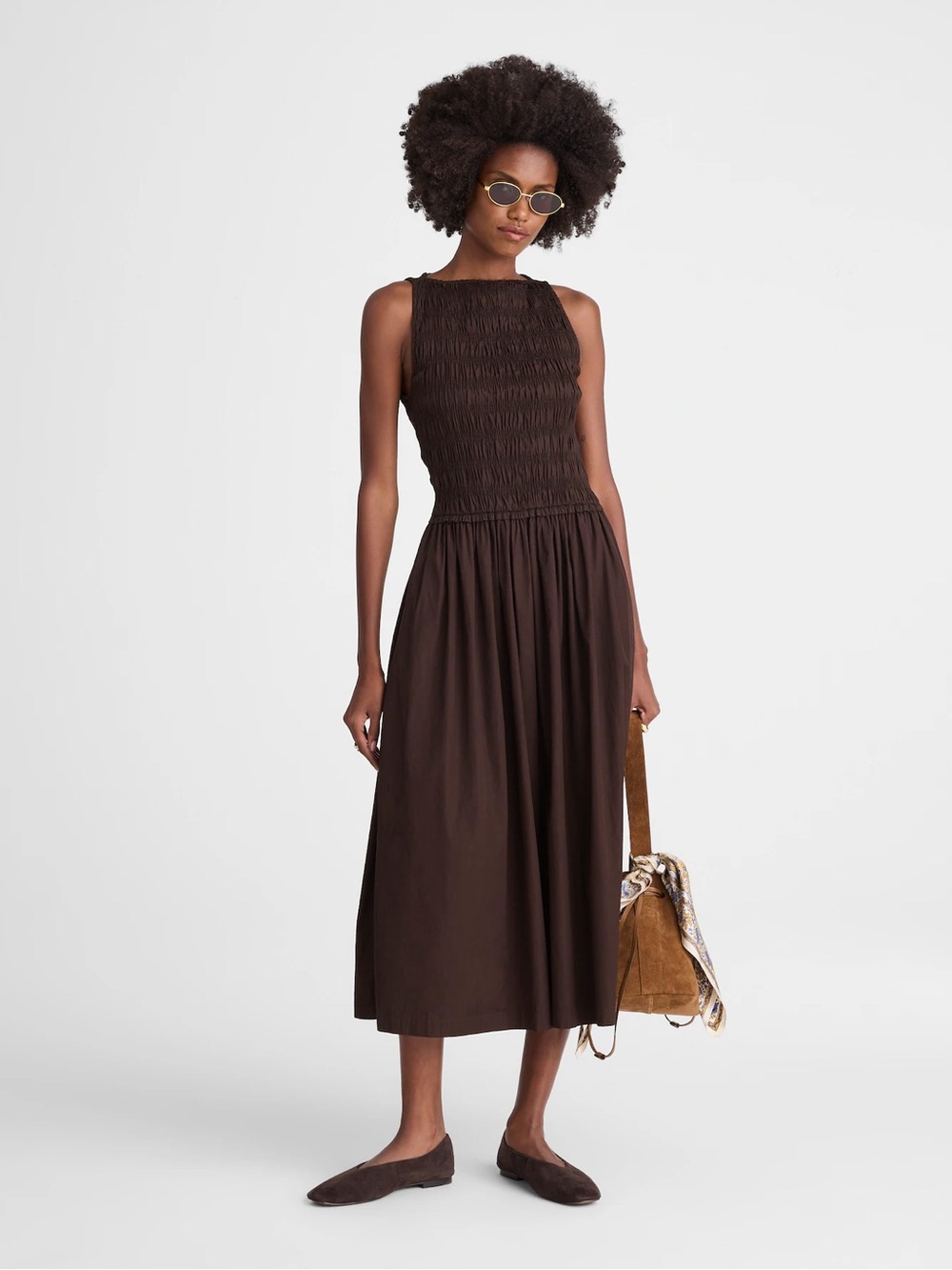 Madewell The Melody Smocked Midi Dress in Molasses (Dark Brown) Size Small